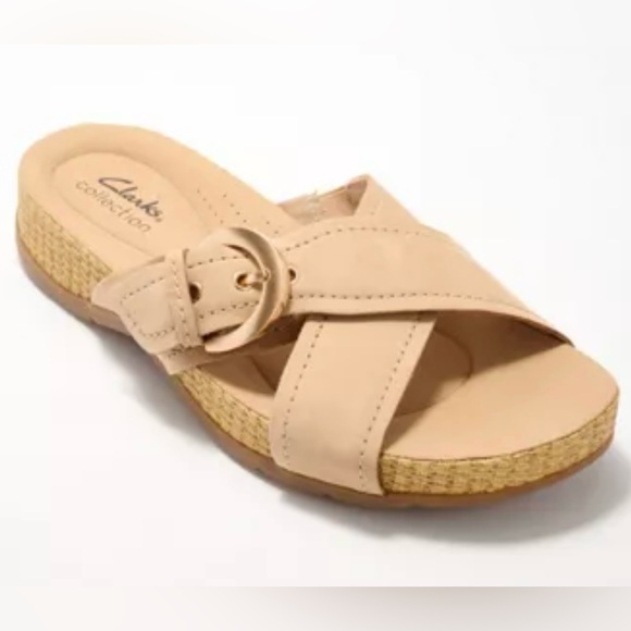 Clarks Collection Leather Slide Sandals Reileigh May Beige Size 10W - Picture 1 of 9